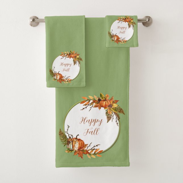 Fall bunny and pumpkins with customizable text  bath towel set (Insitu)