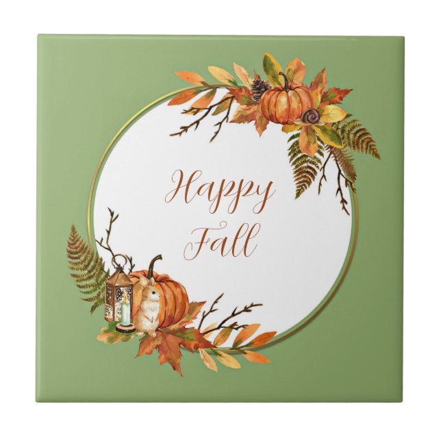 Fall bunny and pumpkins with customizable text  ceramic tile (Front)