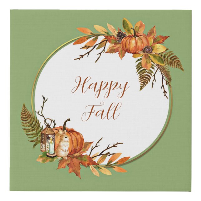 Fall bunny and pumpkins with customizable text  faux canvas print (Front)