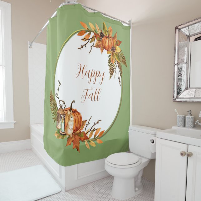 Fall bunny and pumpkins with customizable text  shower curtain (In Situ)