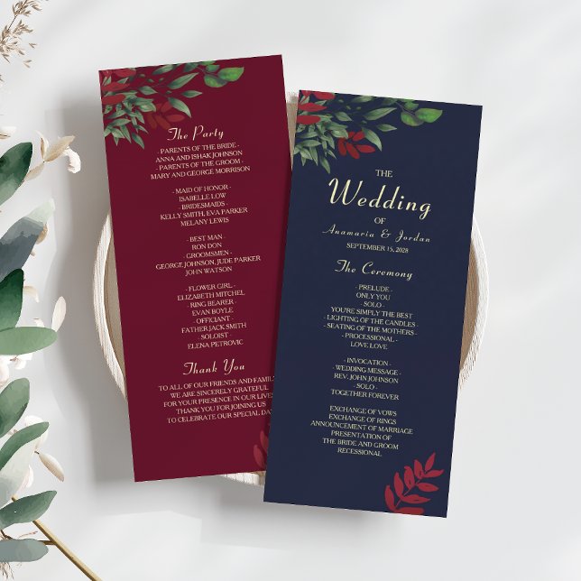 Fall Burgundy and Navy Floral Wedding Program (Creator Uploaded)