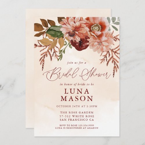 Fall Burgundy and Terracotta Floral Bridal  Invitation