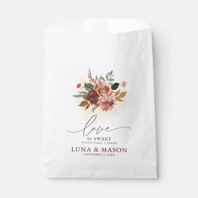 Fall Burgundy and Terracotta Floral Wedding Favor Bag (Front)