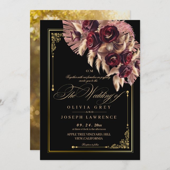 Fall Burgundy Black Floral Boho Rustic Wedding  Invitation (Front/Back)