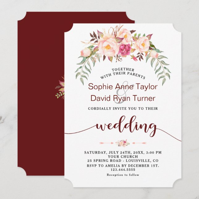 Fall Burgundy Blush Floral Handwriting Wedding Invitation (Front/Back)