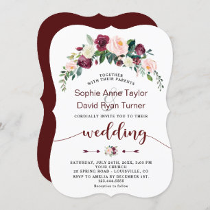 Fall Burgundy Blush Floral Handwriting Wedding Invitation