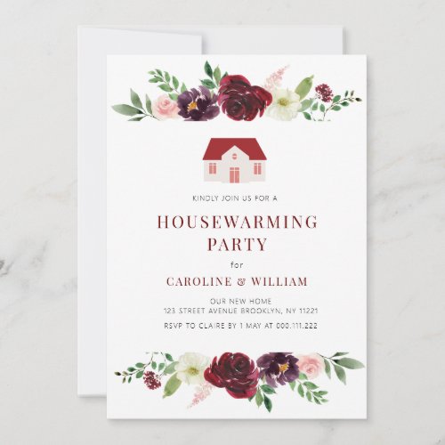 fall burgundy blush floral housewarming invitation