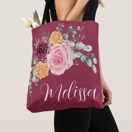 Fall burgundy blush pink floral personalize  tote bag