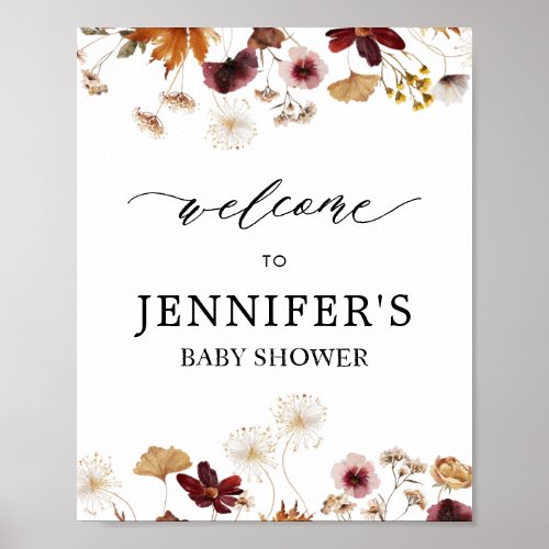Fall Burgundy Boho Floral Baby Shower Welcome Sign
