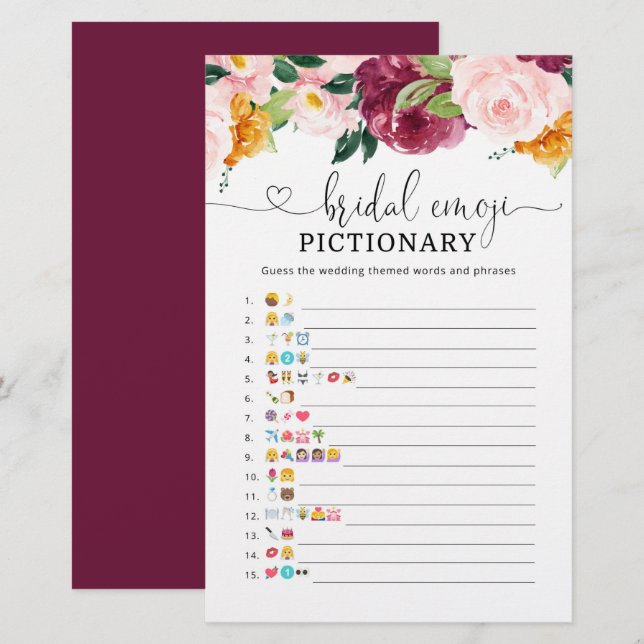 Fall burgundy bridal shower emoji pictionary game (Front/Back)