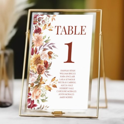 Fall Burgundy Brown Beige Floral Flower Wedding Table Number