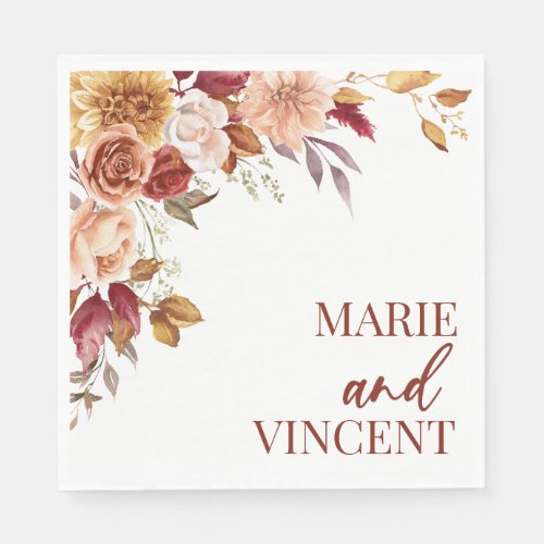 Fall Burgundy Brown Floral Flower Wedding Napkins