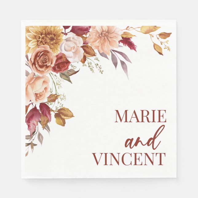 Fall Burgundy Brown Floral Flower Wedding Napkins (Front)