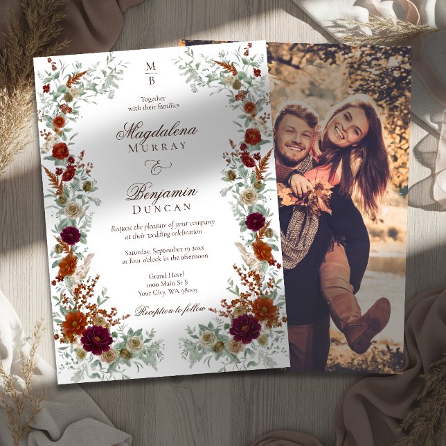 Fall Burgundy Burnt Orange Florals Photo Wedding  Invitation (Creator Uploaded)