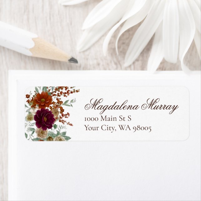 Fall Burgundy & Burnt Orange Rust Florals Wedding Label (Insitu)