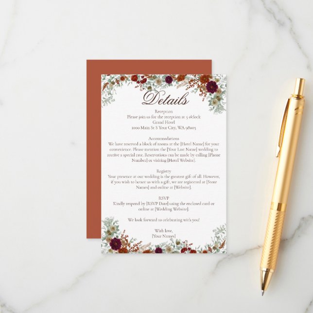 Fall Burgundy & Burnt Orange Sage Florals Wedding Enclosure Card (Front/Back In Situ)