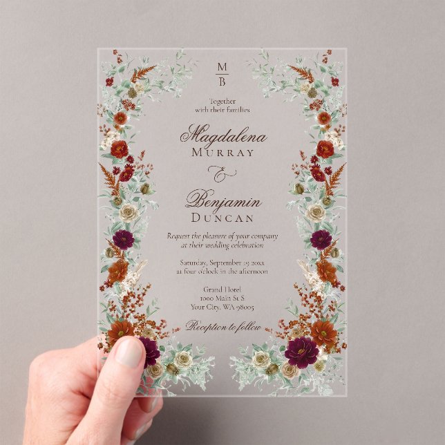 Fall Burgundy & Burnt Orange Terracotta Wedding Acrylic Invitations (Insitu (Handheld))