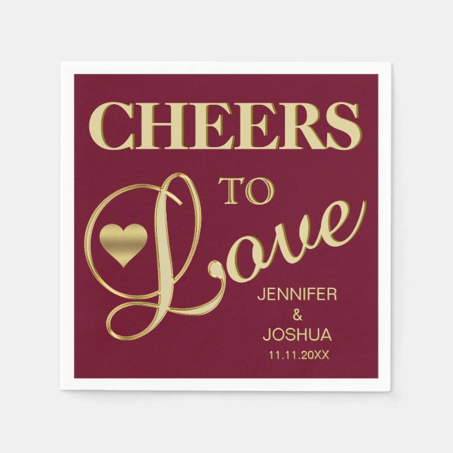 Fall Burgundy CHEERS TO LOVE Gold Heart Wedding Paper Napkins (Front)