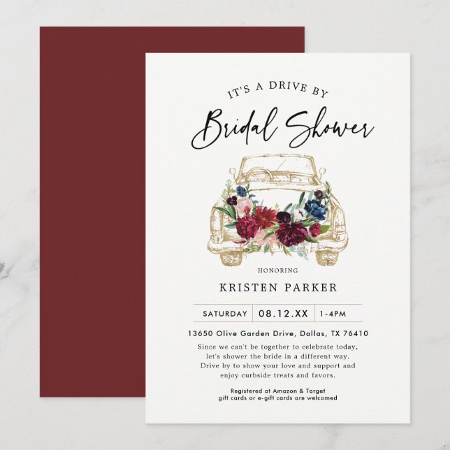 Fall Burgundy Drive By Bridal Shower Invitation (Front/Back)