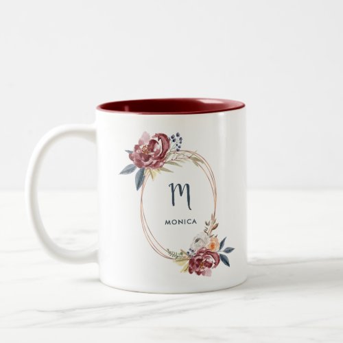 Fall Burgundy Floral and Rose Gold  Monogram Two_Tone Coffee Mug