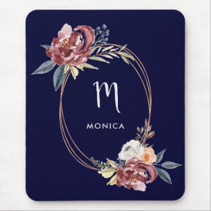 Fall Burgundy Floral and Rose Gold Navy Monogram Mouse Pad