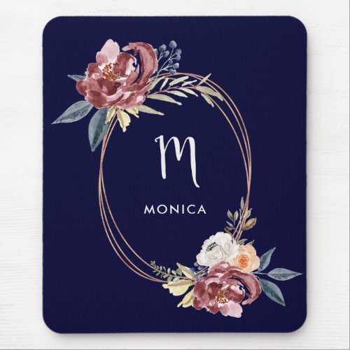 Fall Burgundy Floral and Rose Gold  Navy Monogram Mouse Pad