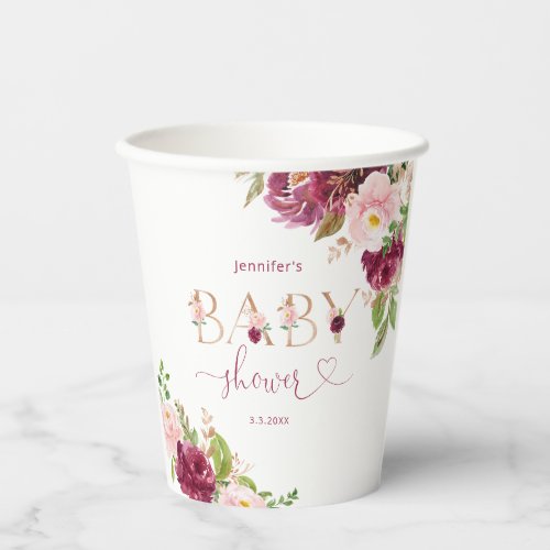 Fall burgundy floral baby shower paper cups