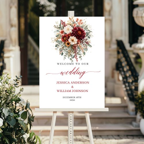 Fall Burgundy Floral Boho Greenery Wedding Welcome Poster