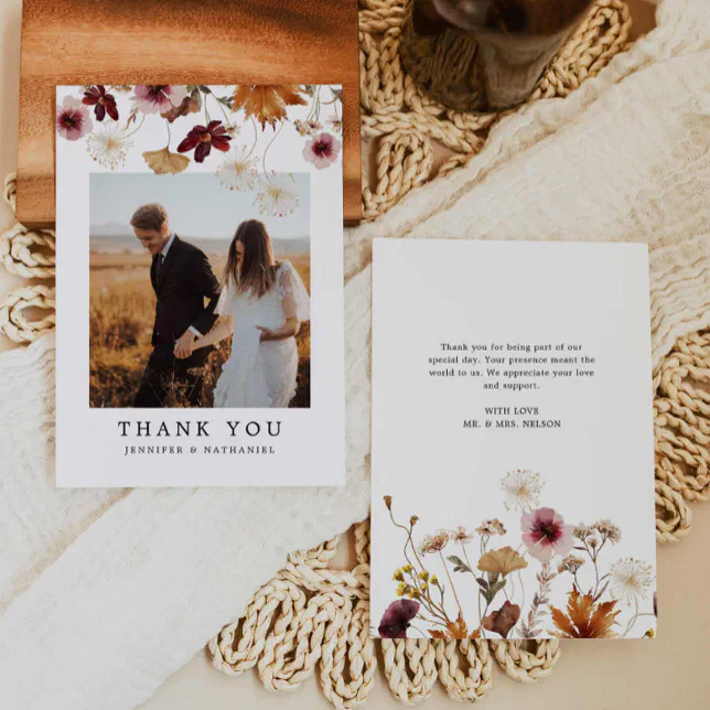 Fall Burgundy Floral Boho Wedding Photo Thank You Card | Zazzle