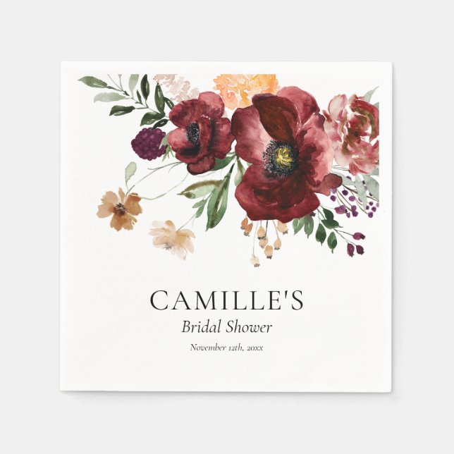 Fall Burgundy Floral Bridal Shower Paper Napkins (Front)