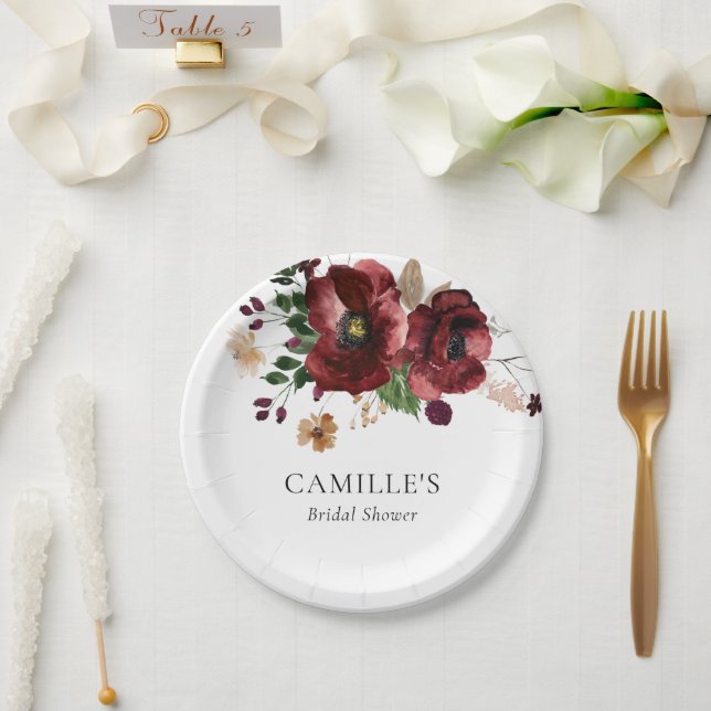 Fall Burgundy Floral Bridal Shower Party Paper Plates (Wedding)