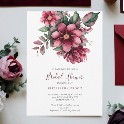 Fall Burgundy Floral Bridal Shower Watercolor  Invitation