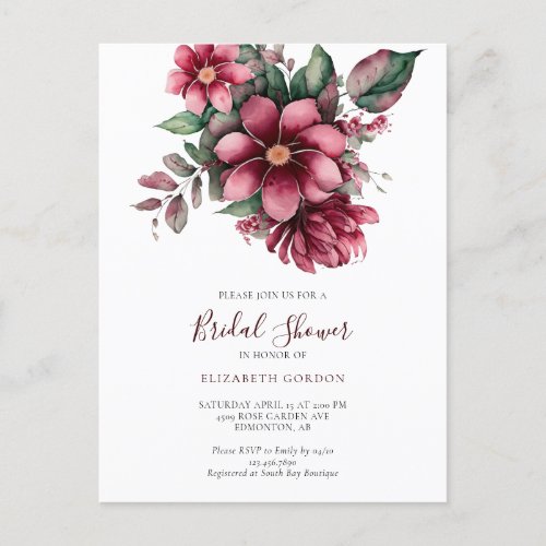 Fall Burgundy Floral Bridal Shower Watercolor  Postcard