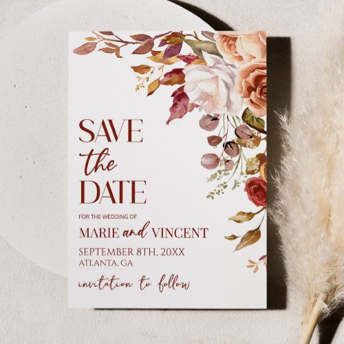 Fall Burgundy Floral Flower Wedding Save The Date Invitation