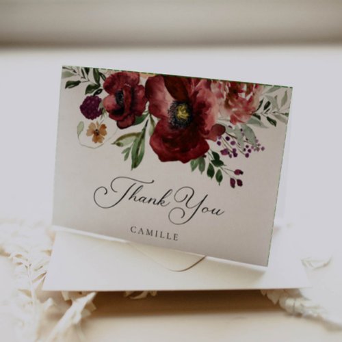 Fall Burgundy Floral Folded Thank You Card