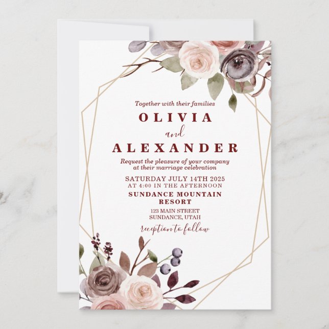Fall Burgundy Floral geometric frame wedding Invitation (Front)