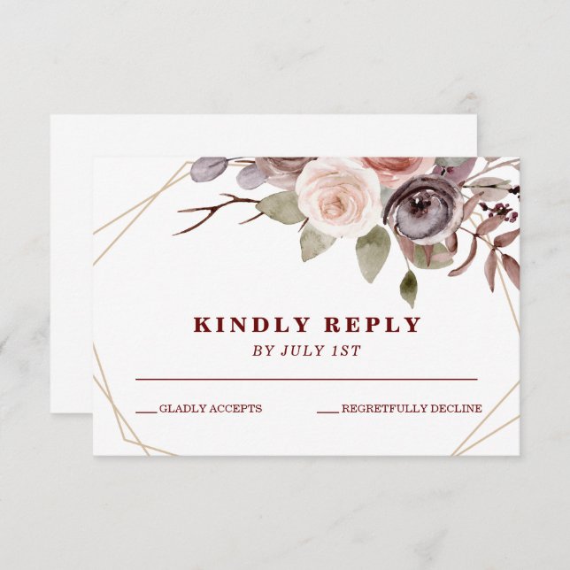 Fall Burgundy floral geometric frame wedding RSVP (Front/Back)