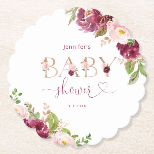 Fall burgundy floral gold foil baby shower paper coaster