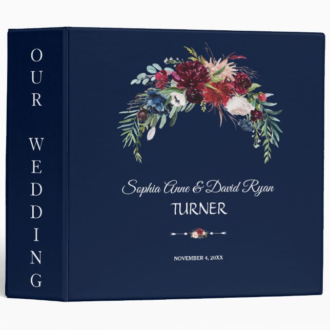 Fall Burgundy Floral Navy Blue Wedding Album 3 Ring Binder (Front/Spine)