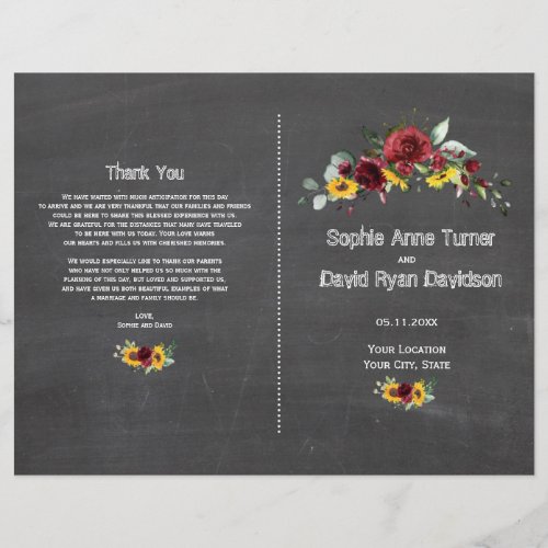 Fall Burgundy Floral Sunflowers Chalkboard Program Flyer