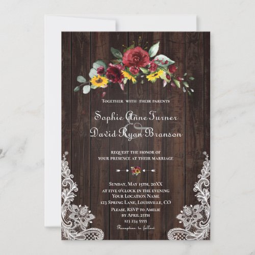 Fall Burgundy Floral Sunflowers Wood Lace Wedding Invitation