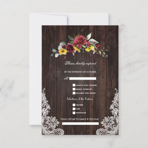 Fall Burgundy Floral Sunflowers Wood Lace Wedding RSVP Card