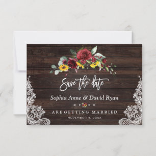 Fall Burgundy Floral Sunflowers Wood Lace Wedding Save The Date