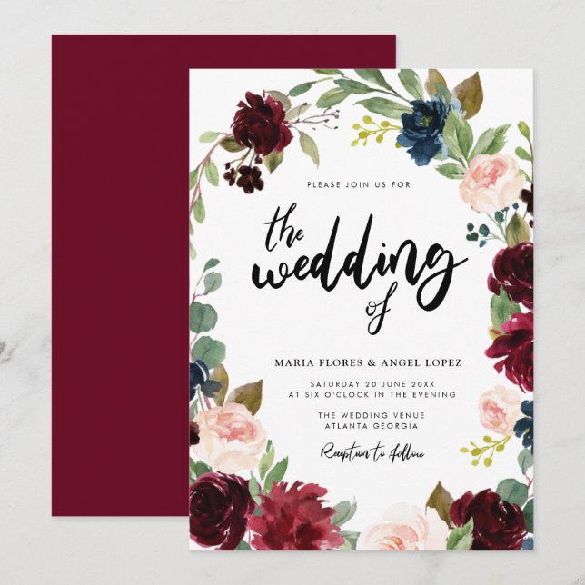 Fall burgundy floral wedding invitation (Front/Back)