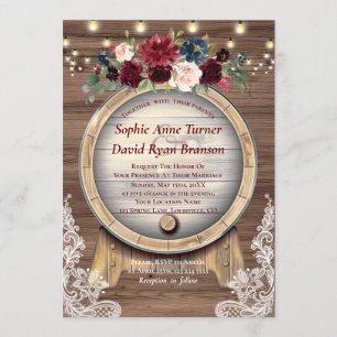 Fall Burgundy Floral Wine Barrel Lace Wood Wedding Invitation