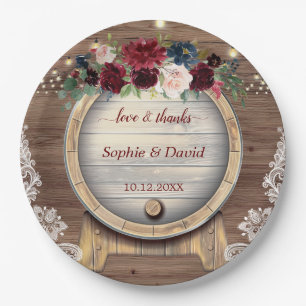 Fall Burgundy Floral Wine Barrel Vineyard Wedding Paper Plates