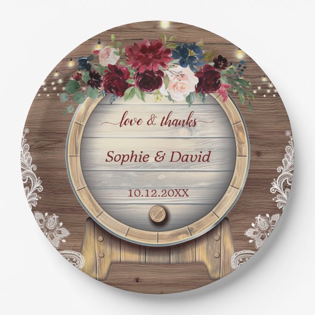 Fall Burgundy Floral Wine Barrel Vineyard Wedding Paper Plates (Front)