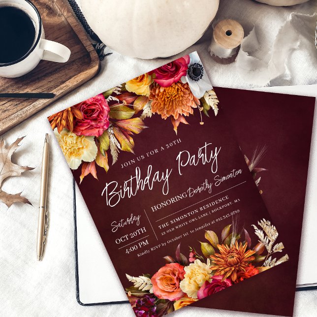 Fall Burgundy Flowers Chic Script 30th Birthday Invitation (30th Birthday Fall Invitation. Colorful burgundy red, terracotta orange and golden yellow flowers.)