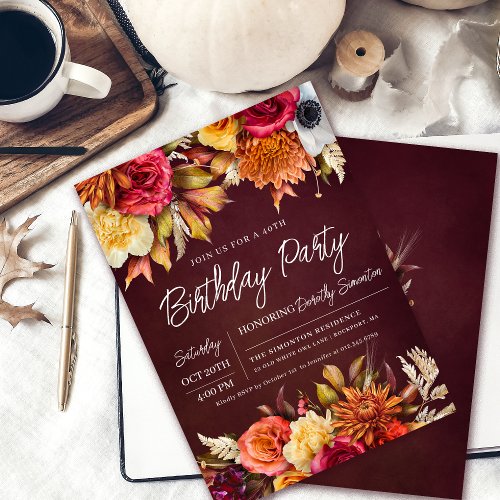 Fall Burgundy Flowers Chic Script 40th Birthday Invitation