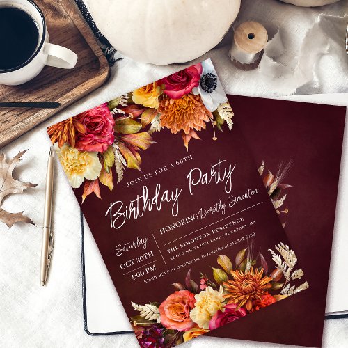 Fall Burgundy Flowers Chic Script 60th Birthday Invitation